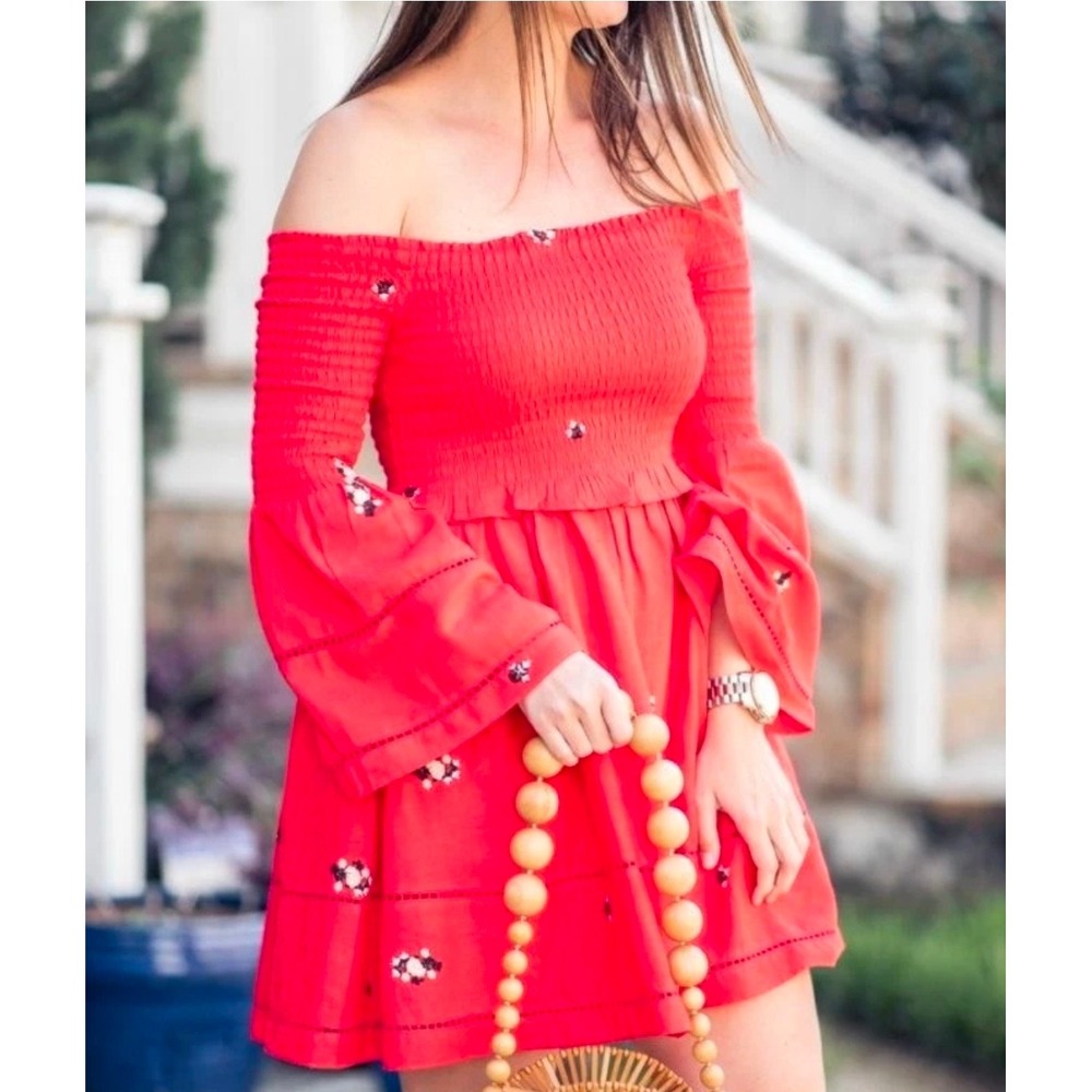 Free People Red Smocked Off the Shoulder Floral Embroidered Mini Dress Size S